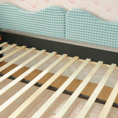 Lit de jour, lit de jour rembourré en vichy équipé d'un cadre de lit gigogne escamotable et d'une poche de rangement latérale, canapé-lit multifonctionnel en bois massif pour chambre d'enfant et chambre d'amis