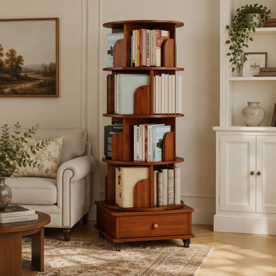 Rotating 5-Tier Corner Bookshelf with Drawer, 360-Degree Display for Small Spaces, Wooden Narrow Organizer for Bedrooms and Living Rooms