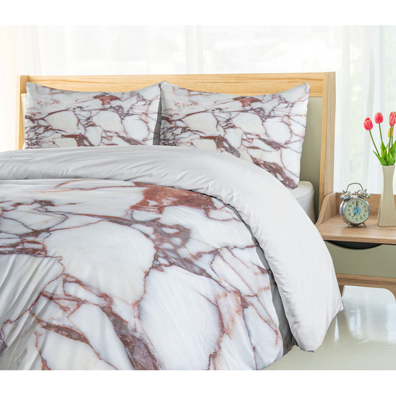 King Size White and Brown Marble Pattern Duvet Cover Set
