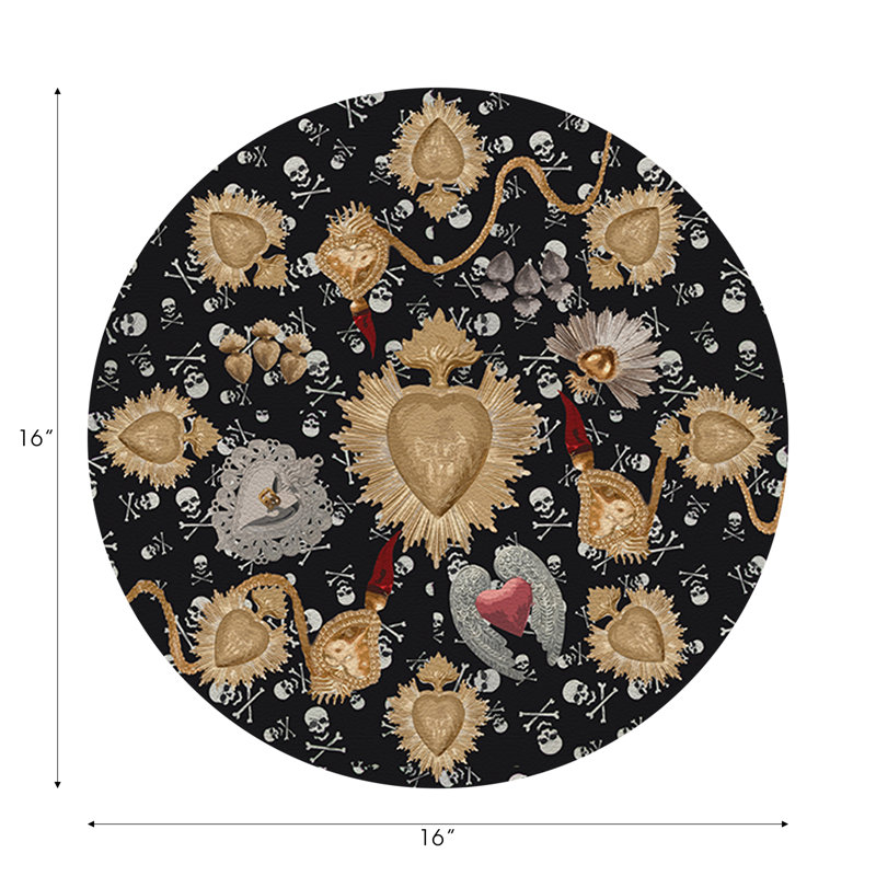 Ex Vote Skulls Black Vegan Leather Round Pebble Placemat