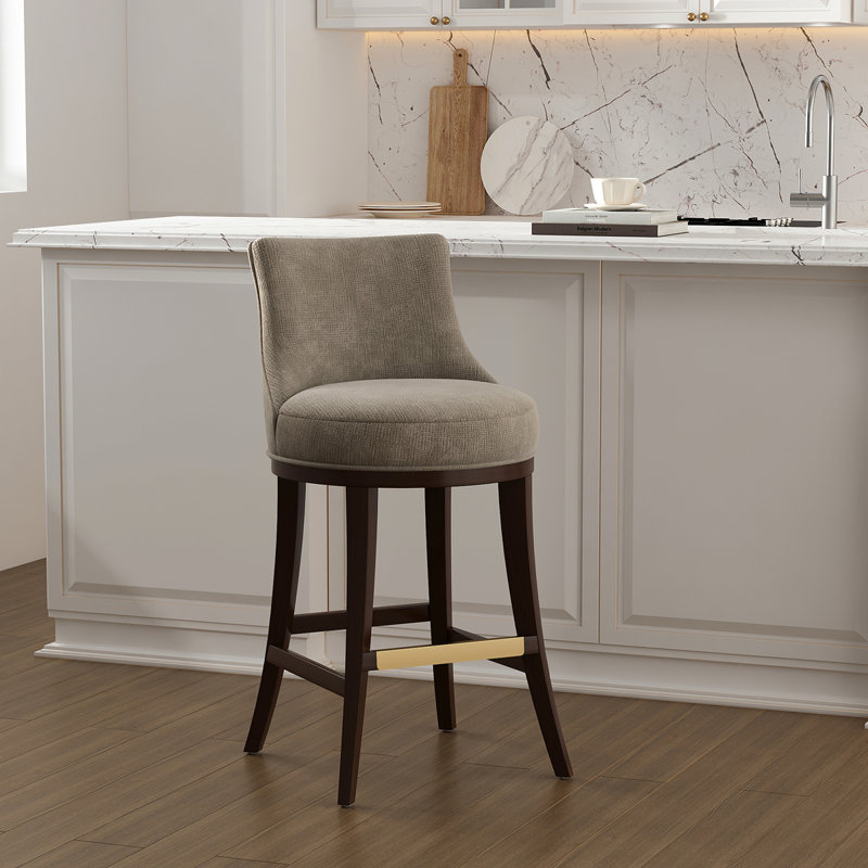 Tabouret de comptoir en chenille Lucia avec pieds en bois de hêtre, Taupe, Tabouret de bar (siège d'une hauteur de 29,4 po)