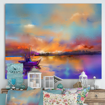 «Sunset Seascape with Little Ship at the Horizon I», reproduction d'art sur toile
