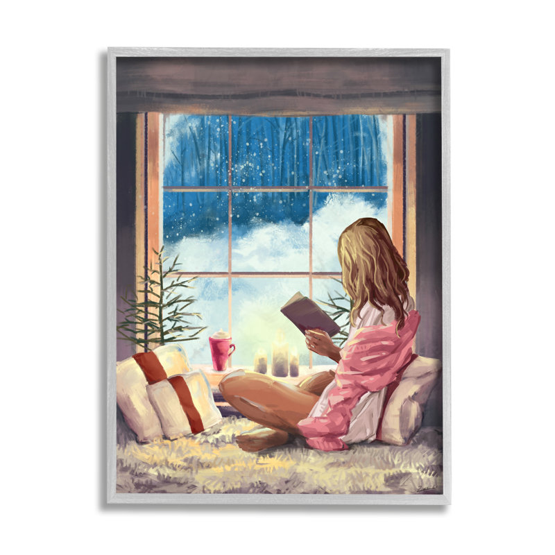 Fille lisant par une fenêtre d'hiver enneigée, Cadre gris, H 20 po x l 16 po
