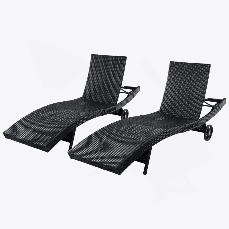 Ensemble de 2 chaises longues de patio, chaise longue d'extérieur inclinable à roulettes, table d'appoint coulissante, dossier réglable