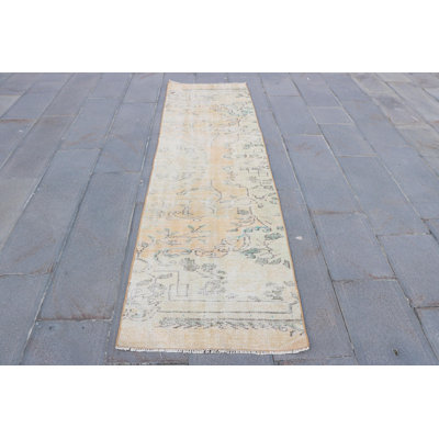 Handwoven Vintage Turkish Runner Rug in Faded Brown - Antique Wool Kitchen Oushak Corridor Rug