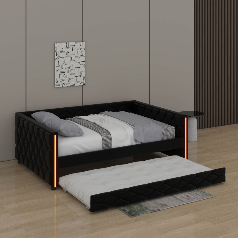 Full XL Size Upholstered Daybed With Trundle And LED, Black