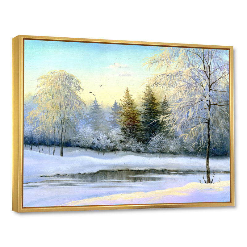 «Beautiful Winter River Landscape Pendant Sunset», peinture sur toile, H 24 po x l 32 po, Cadre flottant doré