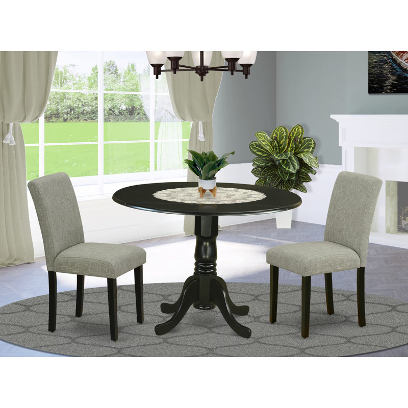 Ensemble de coin repas 3 pièces pour petits espaces comprenant une table de salle à manger ronde avec Dropleaf et 2 chaises rembourrées en tissu Shitake, 42 po x 42 po, noir
