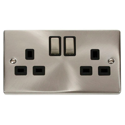 Satin / Brushed Chrome 2 Gang 13A DP Ingot Twin Double Switched Plug Socket