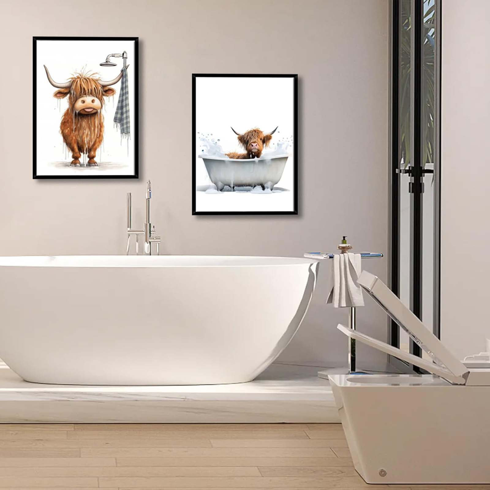 Trinx 2 Pcs Framed Highland Cow Bathroom Wall Art Fun Brown Cute ...