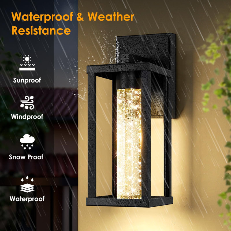 2-Pack Crystal Bubble Glass Outdoor Wall Lights With 10W Integrated LED And Weatherproof Metal Frame For Romantic Patio Illumination And Rust-Resistant Longevity In Matte Black
