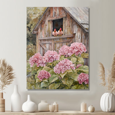 Hydrangeas and Chickens In The Yard I - Hydrangea, impression murale sur métal