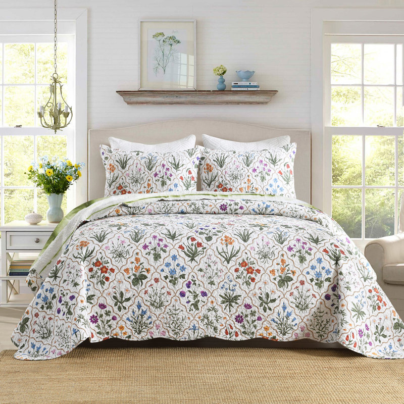 Ensemble de couvre-lit 3 pièces, Floral blanc, Courtepointe très grand et 2 très grandes taies 