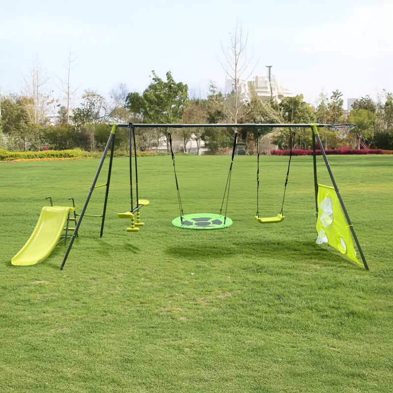 Ensemble de jeu de plein air six fonctions avec soucoupe pivotante et toboggan avec capacité de jeu de 440 lb pour les enfants de 3 ans et plus
