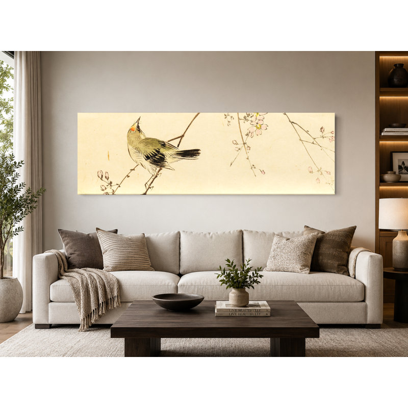 Oiseau sur une branche de fleur de cerisier - art mural panoramique sur toile, 36" W x 12" H