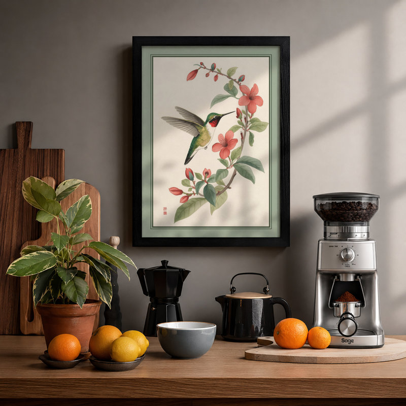 Hummingbird Among Blossoms Botanical - Print, Black, A3 - 42.0 x 29.7 cm