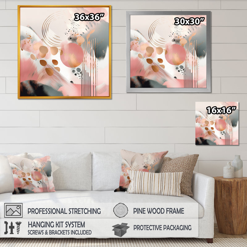 «Pink Rosegold Stripes Complexity I - Modern Shapes», impressions sur toile transitionnelles, Encadrement doré