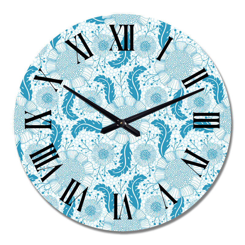 Horloge murale à fleurs bleu clair sur fond blanc, Moyen