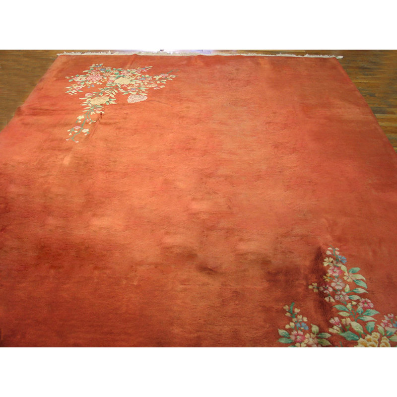Bronzish Coral Color Antique Room Size Floral Hand Knotted Chinese Deco Rug