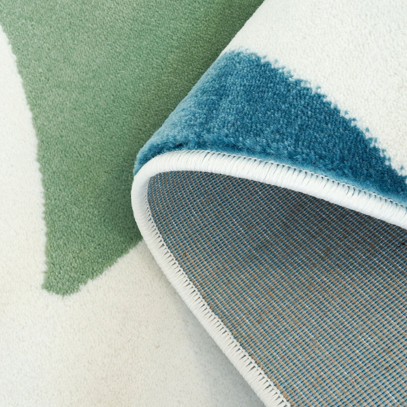 Tapis à motif géométrique crème et bleu tissé à plat Jannie, Rectangle 6 pi 5 po x 9 pi 5 po