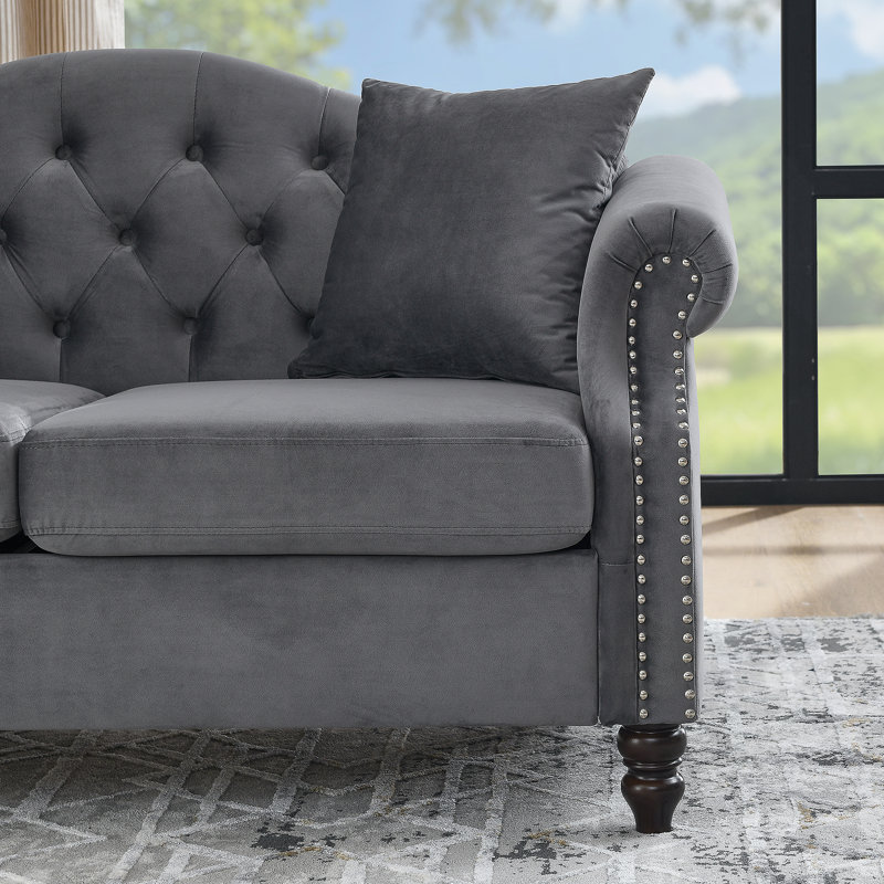 Gurnsey Velvet 2-Seater Sofa with Rolled Arms & Pillows, Gray, 32" H x 57" W x 30" D