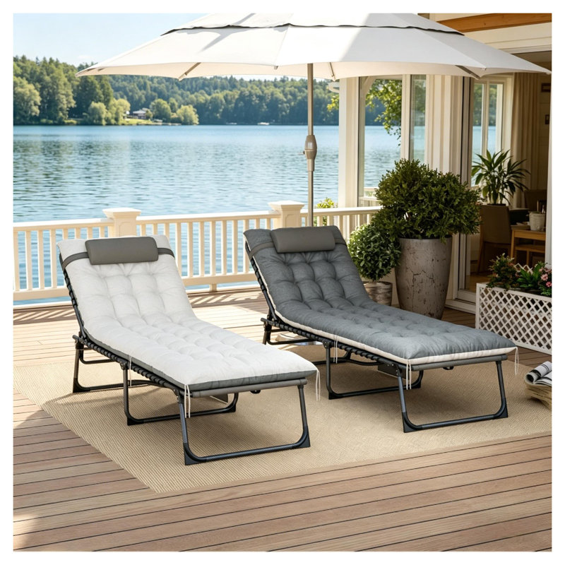 Ensemble de 2 chaises longues d'extérieur pliables réglables avec dossier à 5 positions, chaises longues en filet gris