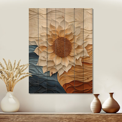 River Harmony Of A Sunflower Dream III - Traditional Wooden Wall Art On Natural Pine Wood