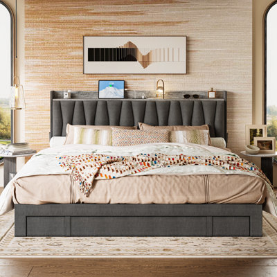 Reman Lift Up Storage Upholstered Platform Bed, Linen Upholstered Bed Frame With 2 Reading Lights