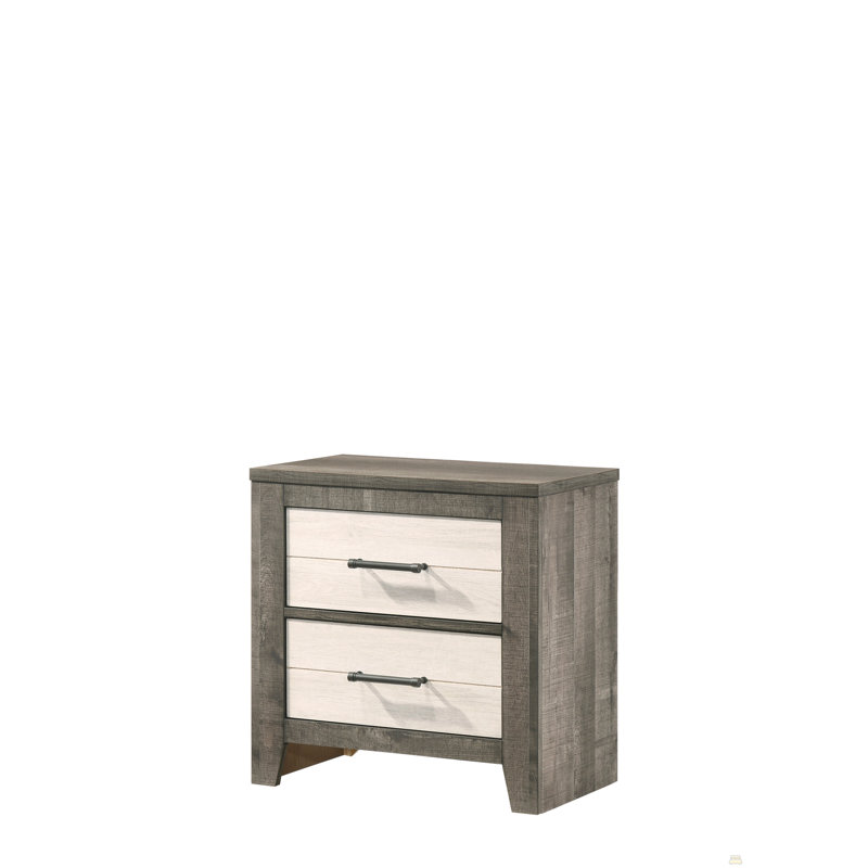Table de chevet 1pc, finition bicolore, commode, rangement de chevet, deux tiroirs, poignée en métal, gris, beige