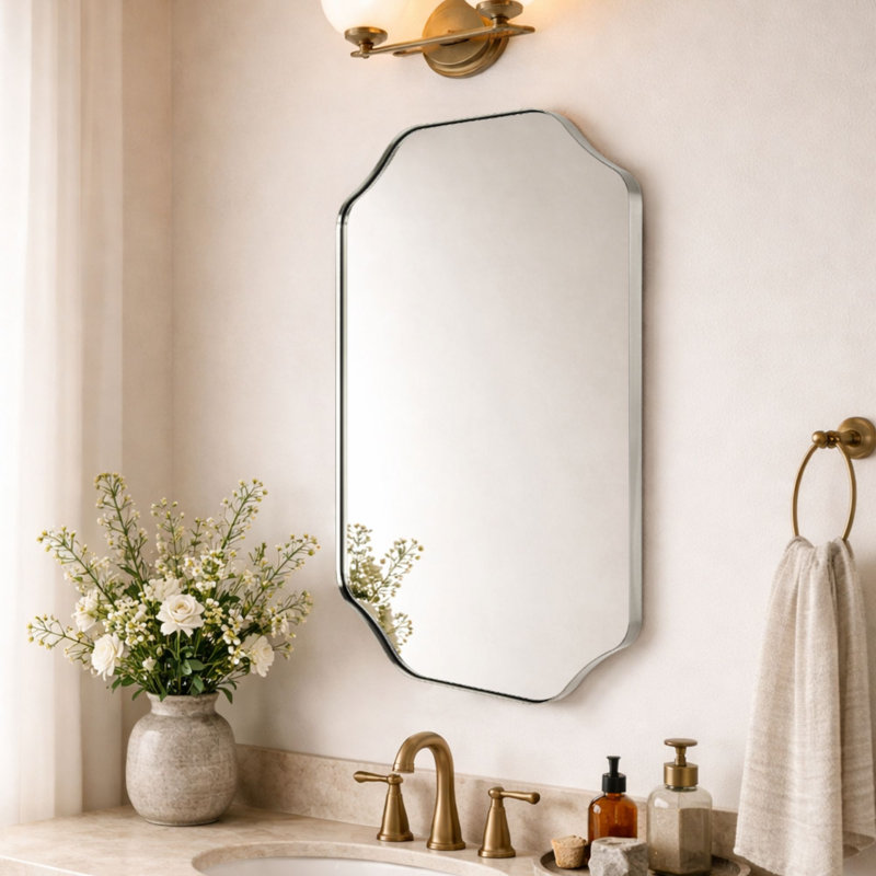 Kudi Scalloped Brushed Nickel Bathroom Mirror Decorative Silver Metal Framed Irregular Bathroom Vanity Mirror Wall Mounted 32 x 24''