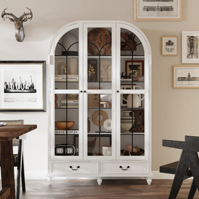 77.2"H Arch Pantry Cabinet With Glass Door 2 Drawer
