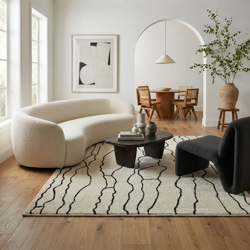 Tapis d'intérieur crème abstrait à motif de branches Tapis Alinda, Rectangle 6 pi 8 po x 9 pi 7 po