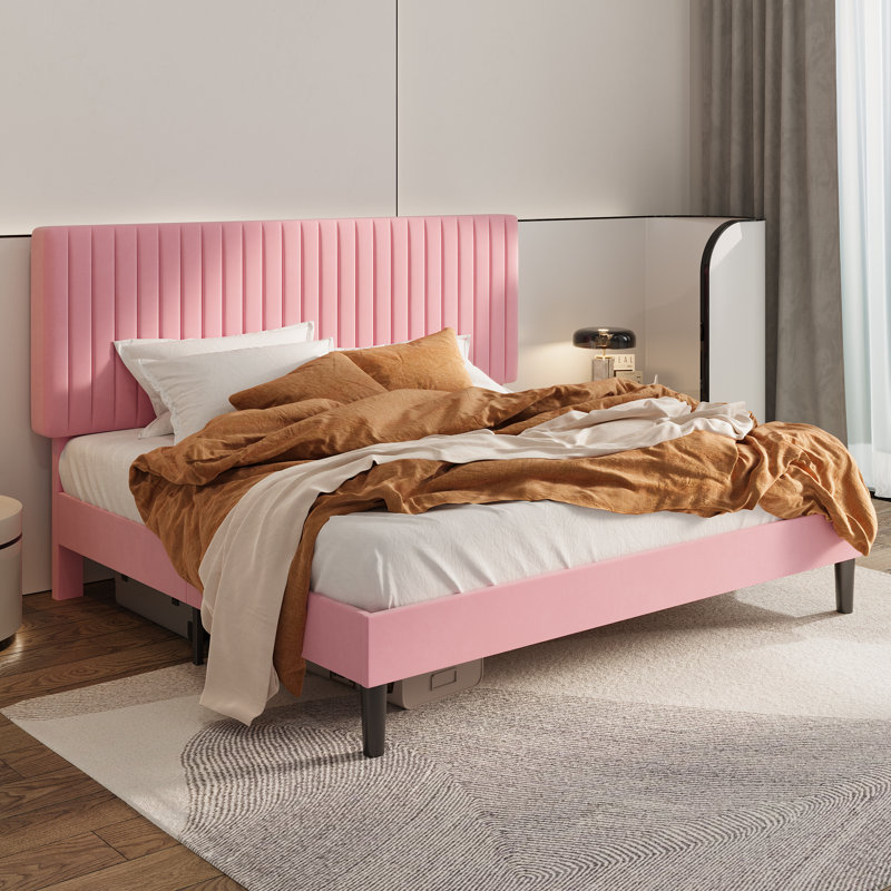 Velvet Upholstered Platform Bed With Adjustable Vertical Channel Tufted Headboard, King, Pink