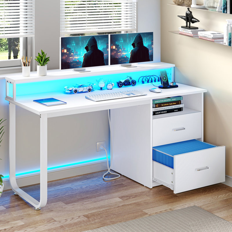 Brooksey 55'' Writing Desk with Charging Station & LED Light, White