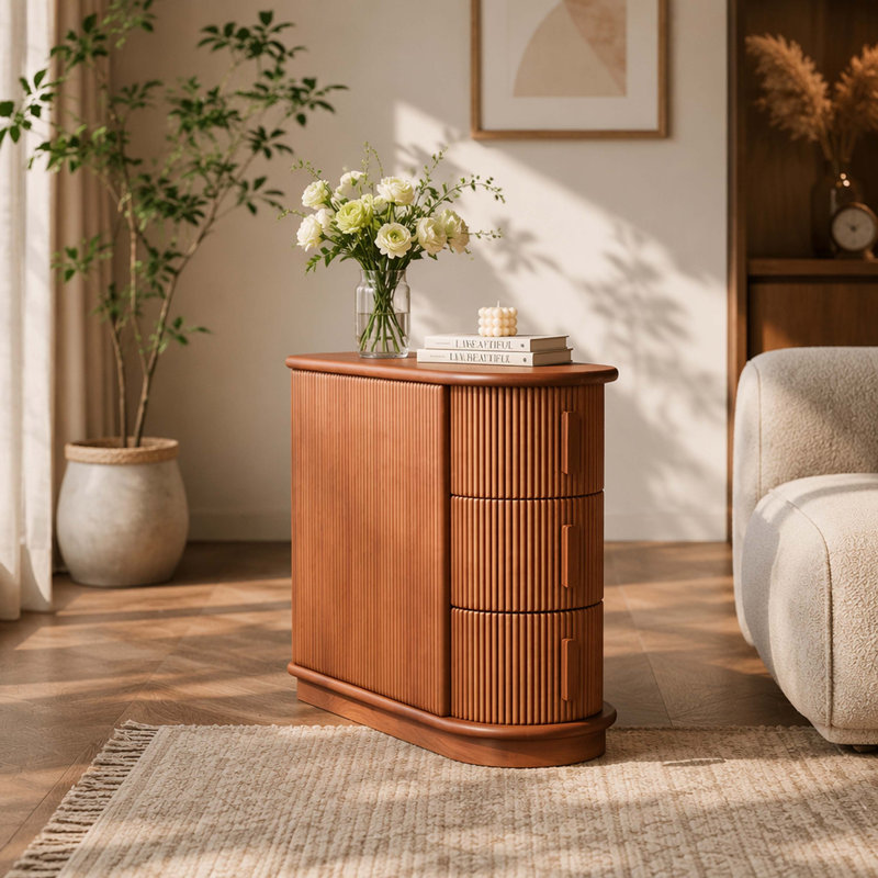 Table de chevet semi-ovale cannelée en bois massif à 3 tiroirs avec panneau Reeded