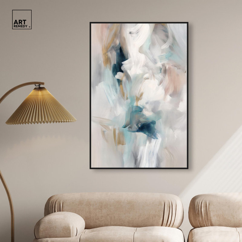 «Whispering Colors III», art abstrait vert par , H 46 po x l 31 po, Cadre flottant noir