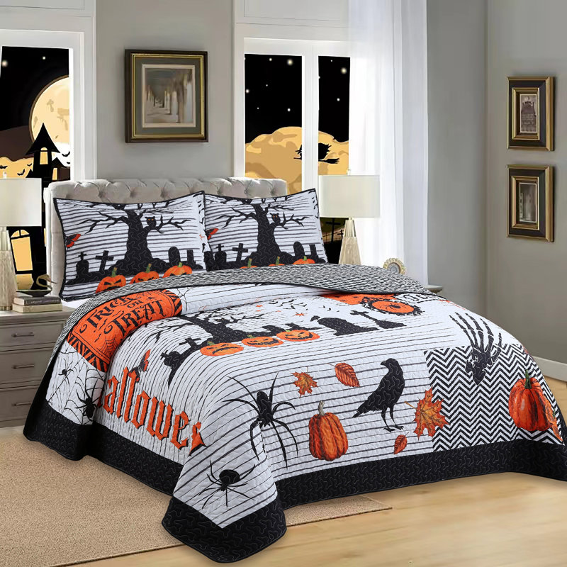 3 Pcs Halloween Themed Quilt Bedspread Set ME511, King Quilt + 2 King Shams