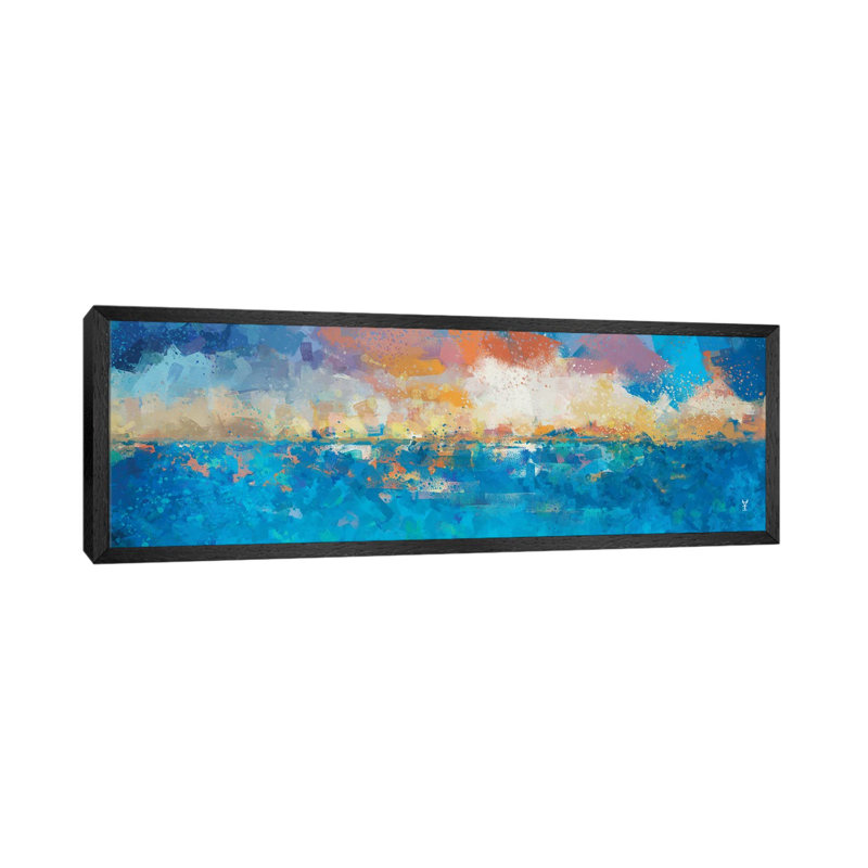 Sunset Seascape I by Van Credi - Panoramic Painting on Canvas, 30.48cm H x 91.44cm W x 3.81cm D, Black Framed