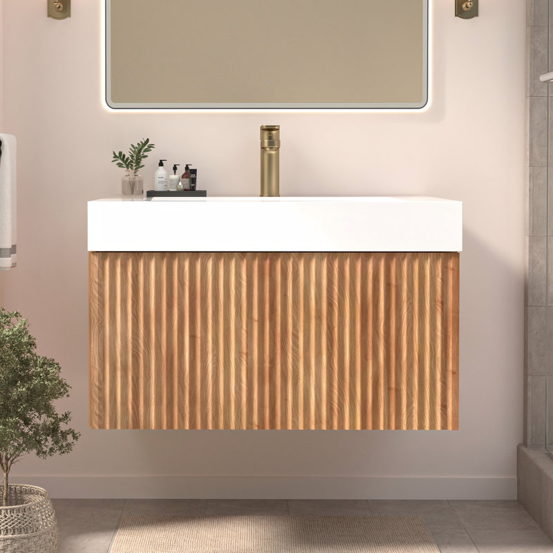 Meuble-lavabo mural de 76 cm (30 pouces) avec lavabo simple, grain de bois vertical, chêne naturel.