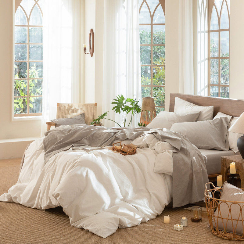 100% Washed Cotton Sheet Set Extra Deep Pocket Linen Like Textured, Tannish Linen Gray