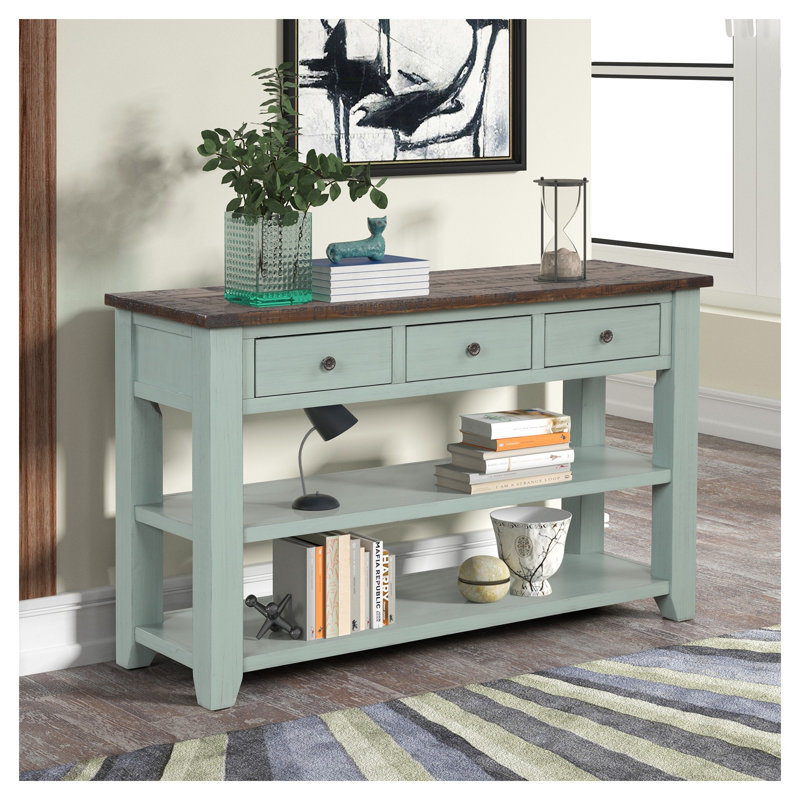 Console 48 po en bois de pin massif, table d'entrée bleu rétro avec 3 tiroirs de rangement et 2 tablettes, table d'appoint robuste pour le salon, facile à assembler