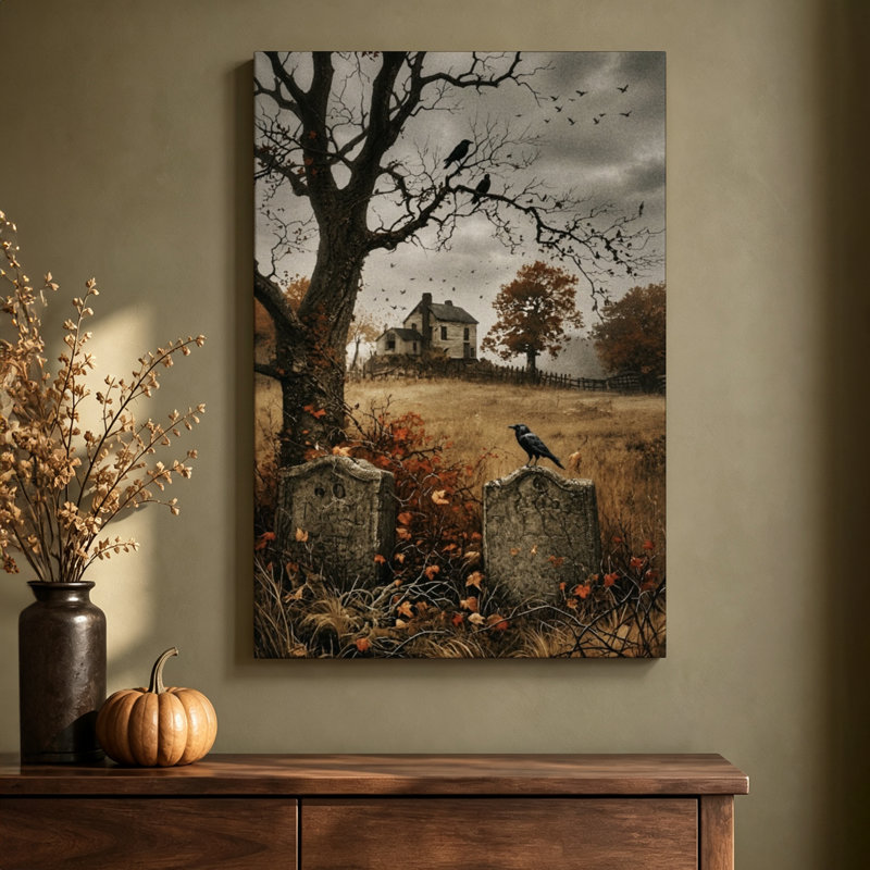 " Crows Perched On Tombstones Beside A Bare Tree "