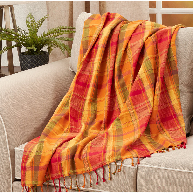 Terracotta Harvest Plaid Cotton Throw Blanket with Tassels