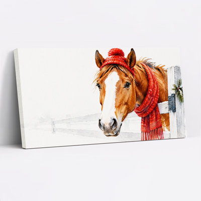 Art mural sur toile brun avec un chapeau et une écharpe en tricot rouge