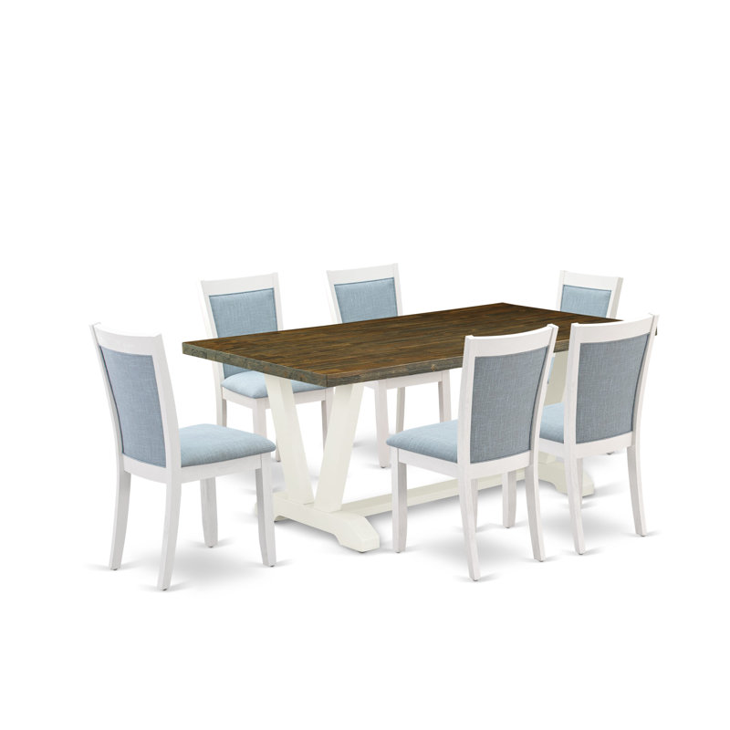 L'ensemble de table de salle à manger 7 pièces contient une table de salle à manger jacobine vieillie et 6 chaises de salle à manger en lin bleu bébé avec dossier élégant - Lin brossé blanc