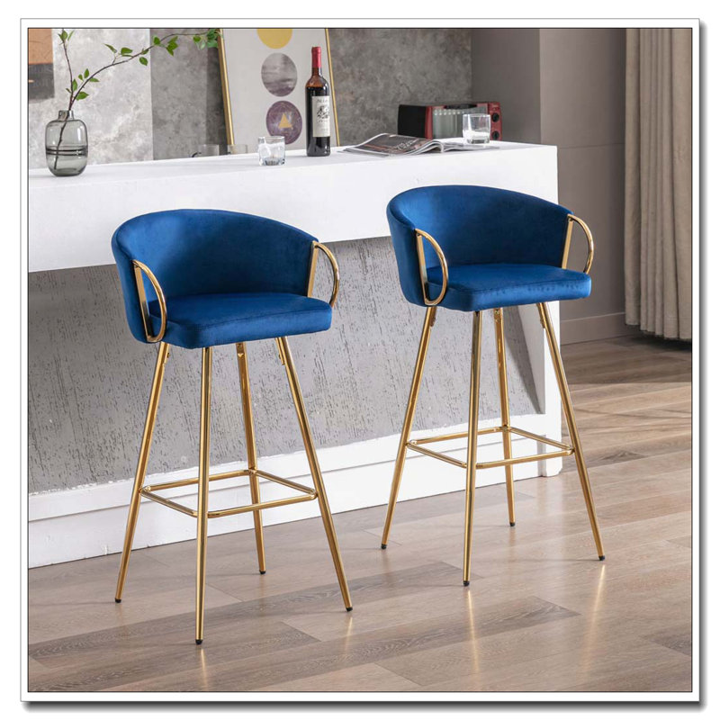 Ensemble de 26 tabourets de bar 26 po avec repose-pieds en velours chromé et tabouret de bar doré, Bleu