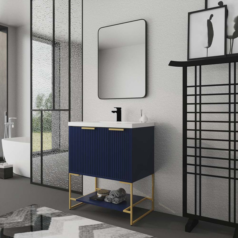 Meuble-lavabo autoportant de 30 pouces avec lavabo en résine, Bleu marine