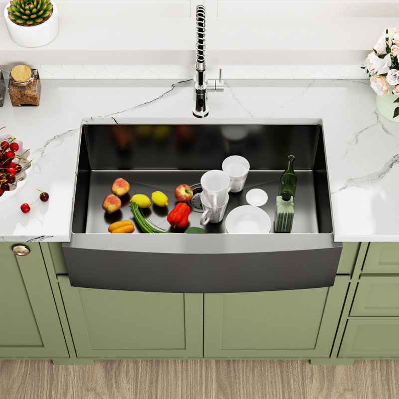 Évier de cuisine à cuve simple 33 po en acier inoxydable de calibre 16, Gunmetal Black, 9" H x 33" W x 21" D