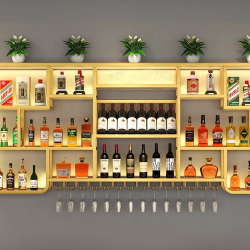 Multi-tier wall mounted wine rack, Gold, 39.3" H x 78.7" W x 7.8" D