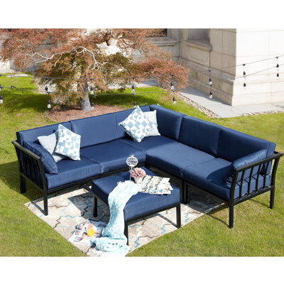 Overton L-Shaped Powder Coated Steel Patio Sectional Set with Cushions